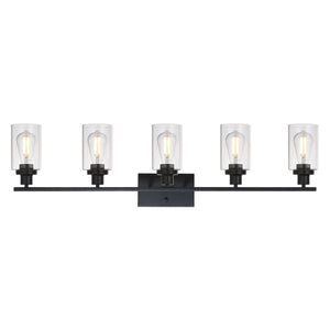 BONLICHT 40 Inches Length 5-Light Bathroom Vanity Light Fixtures Black Wall Sconce Lighting with Clear Glass Shade