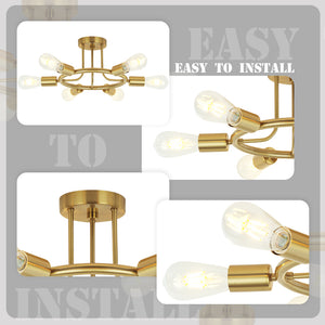 BONLICHT 6 Lights Brushed Brass Sputnik Ceiling Light Fixture Semi Flush Mount for Dining Room Bedroom Kitchen Foyer Hallway