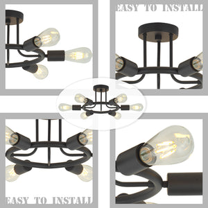 BONLICHT 6 Lights Sputnik Ceiling Light Semi Flush Mount Black Starburst Style for Kitchen Dining Room Foyer Hallway