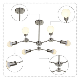BONLICHT 6-Light Modern Chandeliers Sputnik Style Brushed Nickel