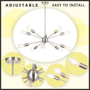BONLICHT  10 Lights Sputnik Chandelier Lighting Brushed Nickel