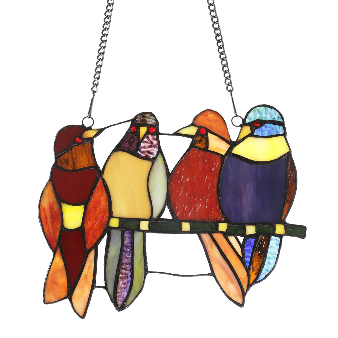 BONLICHT Tiffany Glass Window Panel 4 Birds 11 Inches Wide with 33 Inches Chain