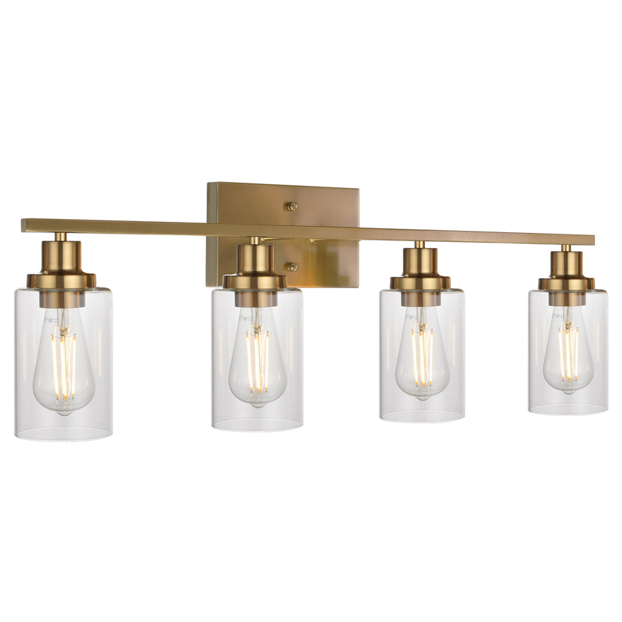 BONLICHT Brass Vanity Lights Wall Sconce 4-Light, Bathroom Light Fixtures with Clear Glass Shade