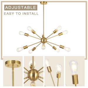 BONLICHT Sputnik Chandelier 10 Lights Brushed Brass Modern Pendant Lighting