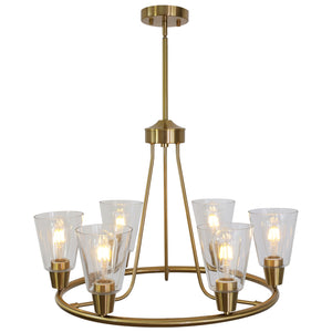 BONLICHT 6 Lights Round Chandelier Brushed Brass with Clear Glass Shade