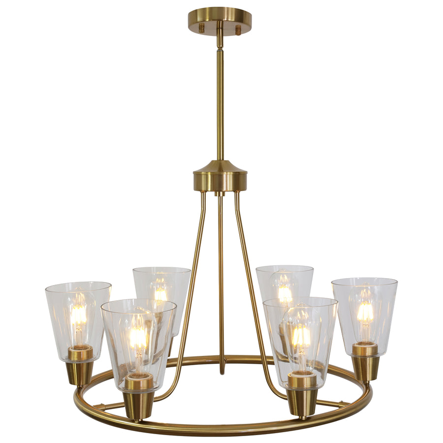 BONLICHT 6 Lights Round Chandelier Brushed Brass with Clear Glass Shade