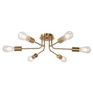 BONLICHT Industrial Semi Flush Mount Light Fixture Brushed Brass 6 Lights Sputnik Chandelier