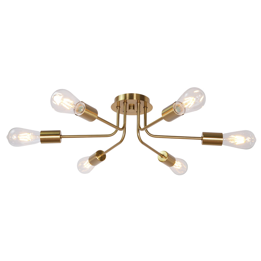 BONLICHT Industrial Semi Flush Mount Light Fixture Brushed Brass 6 Lights Sputnik Chandelier