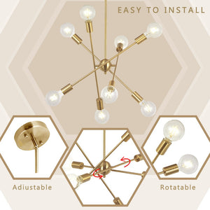 BONLICHT 8 Lights Modern Sputnik Chandelier Lighting Brushed Brass with Adjustable Arms