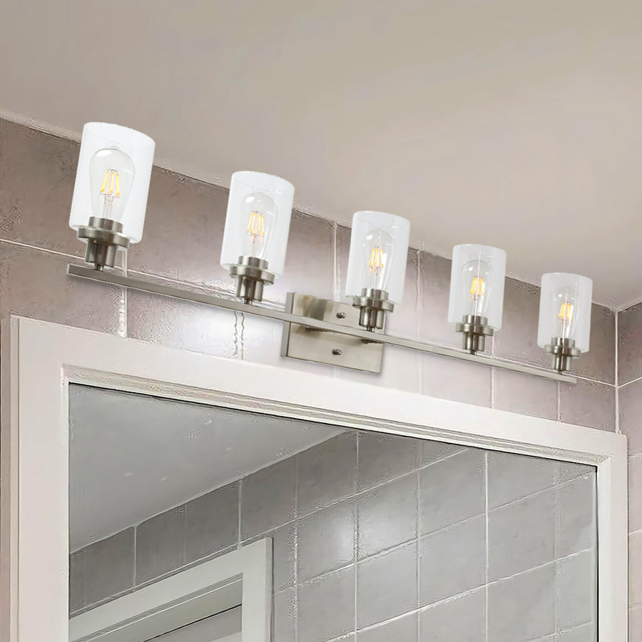 BONLICHT 5-Light Bathroom Vanity Light Brushed Nickel Wall Sconce Modern Light Fixtures Wall Mount with Clear Glass Shade