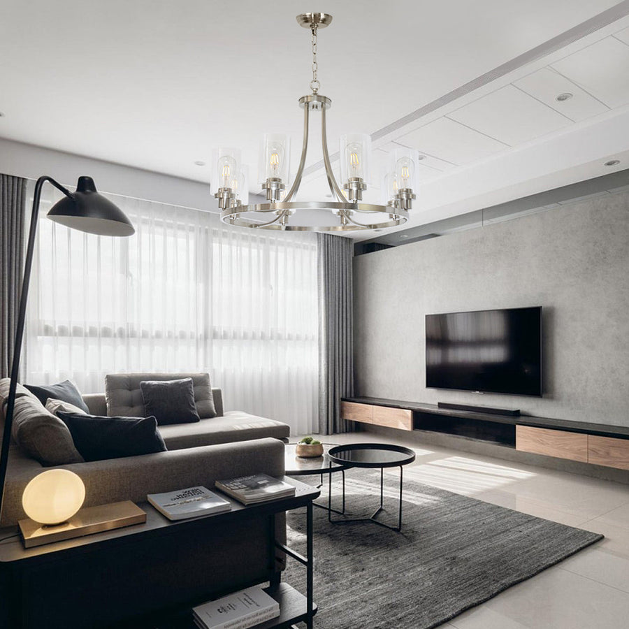 BONLICHT Modern Chandelier Round Brushed Nickel Finish 8 Lights with Clear Glass Shade