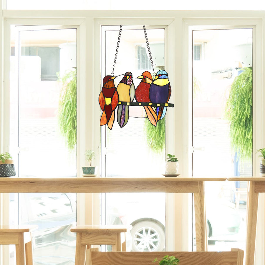 BONLICHT Tiffany Glass Window Panel 4 Birds 11 Inches Wide with 33 Inches Chain