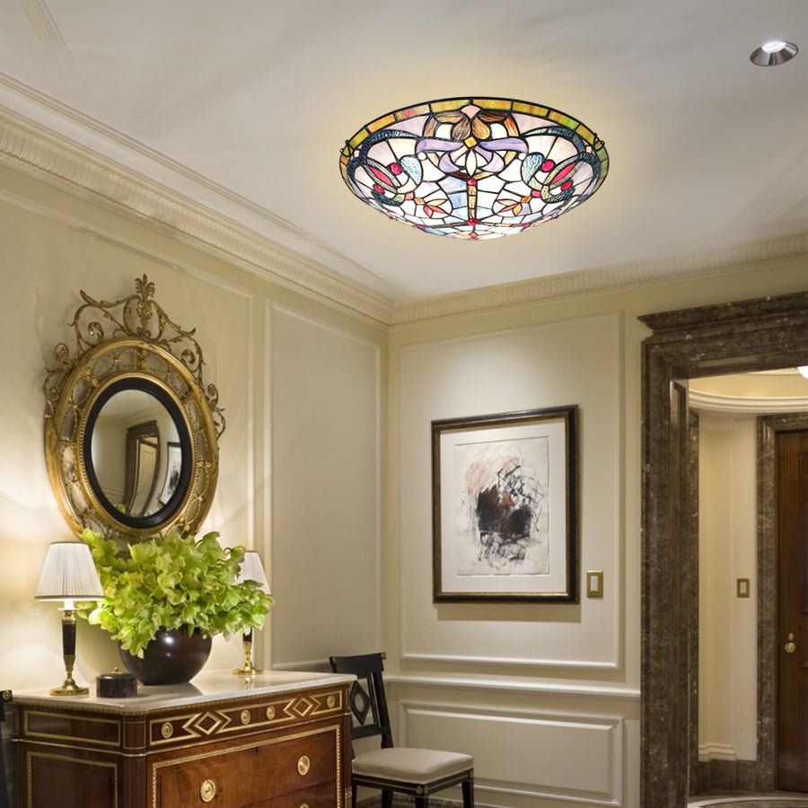 BONLICHT Tiffany Semi Flush Mount Ceiling Light Fixture with 16 Inch Stained Glass Shade 3-Light