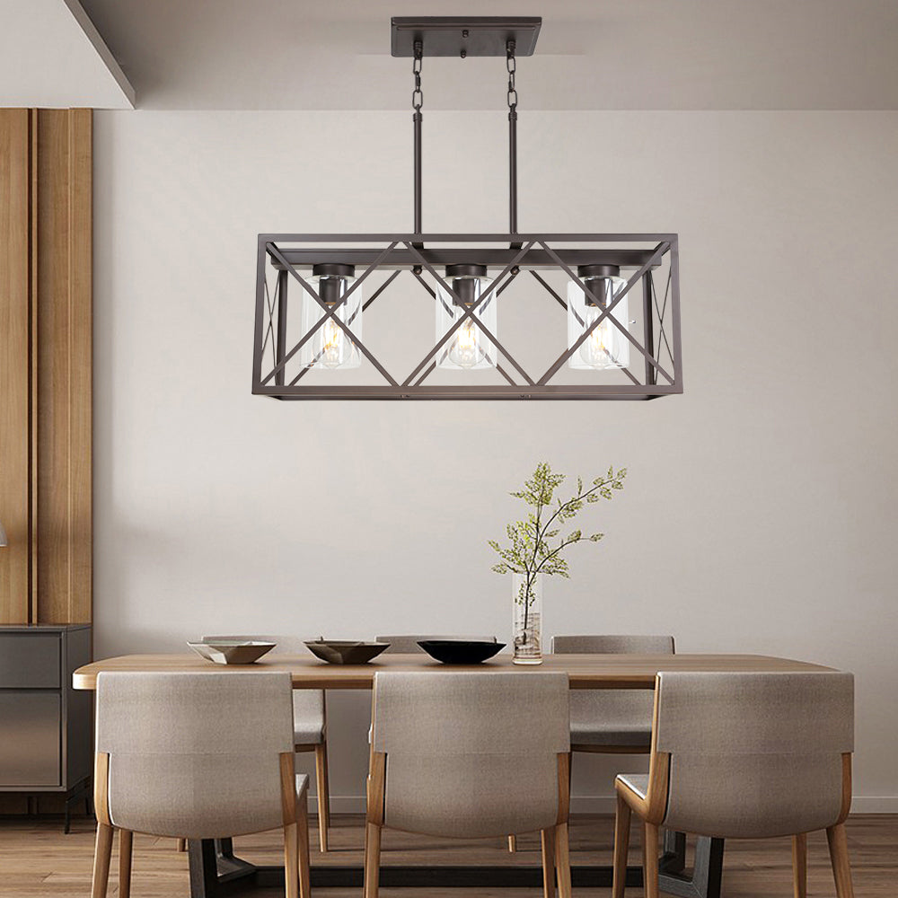 BONLICHT 3-Light Vintage Rustic Rectangle Chandelier Oil Rubbed Bronze Finish with Clear Glass Shade