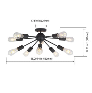 BONLICHT 10-Light Black Sputnik Ceiling Light Semi Flush Mount Industrial Starburst Style