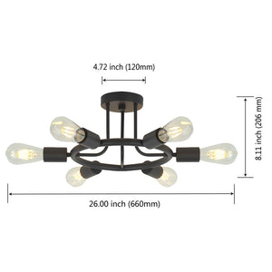 BONLICHT 6 Lights Sputnik Ceiling Light Semi Flush Mount Black Starburst Style for Kitchen Dining Room Foyer Hallway