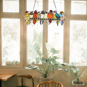 BONLICHT Stained Glass Panel Window Hanging 9 Birds 22.8 Inches Wide with Chain