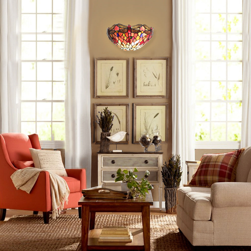 BONLICHT Tiffany Style Dragonfly Wall Lamp, 12 inch Wide Stained Glass Shade