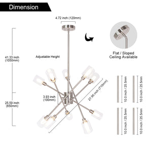 BONLICHT 10-Light Sputnik Chandelier Brushed Nickel Finish with Clear Glass Shade