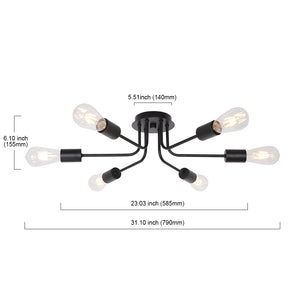 BONLICHT 6-Light Black Vintage Sputnik Light Metal Semi Flush Mount Ceiling Light