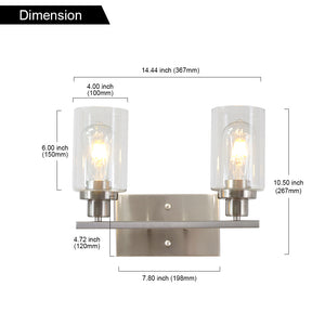 BONLICHT Metal Wall Lights with Clear Glass Shade 2 Heads Bathroom Light Fixtures Brushed Nickel