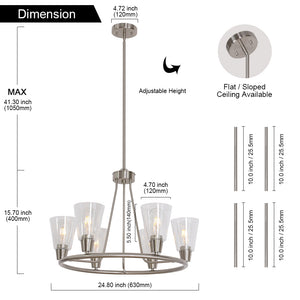 BONLICHT 6 Light Round Chandeliers with Clear Glass Shade Bushed Nickel