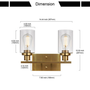 BONLICHT 2-Light Wall Sconce Brass Vanity Light Fixture Modern Style with Clear Glass Shade