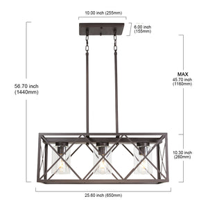 BONLICHT 3-Light Vintage Rustic Rectangle Chandelier Oil Rubbed Bronze Finish with Clear Glass Shade