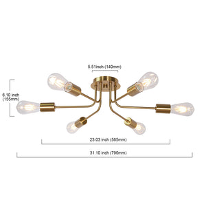 BONLICHT Industrial Semi Flush Mount Light Fixture Brushed Brass 6 Lights Sputnik Chandelier