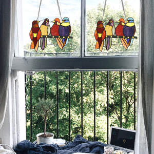 BONLICHT Tiffany Glass Window Panel 4 Birds 11 Inches Wide with 33 Inches Chain