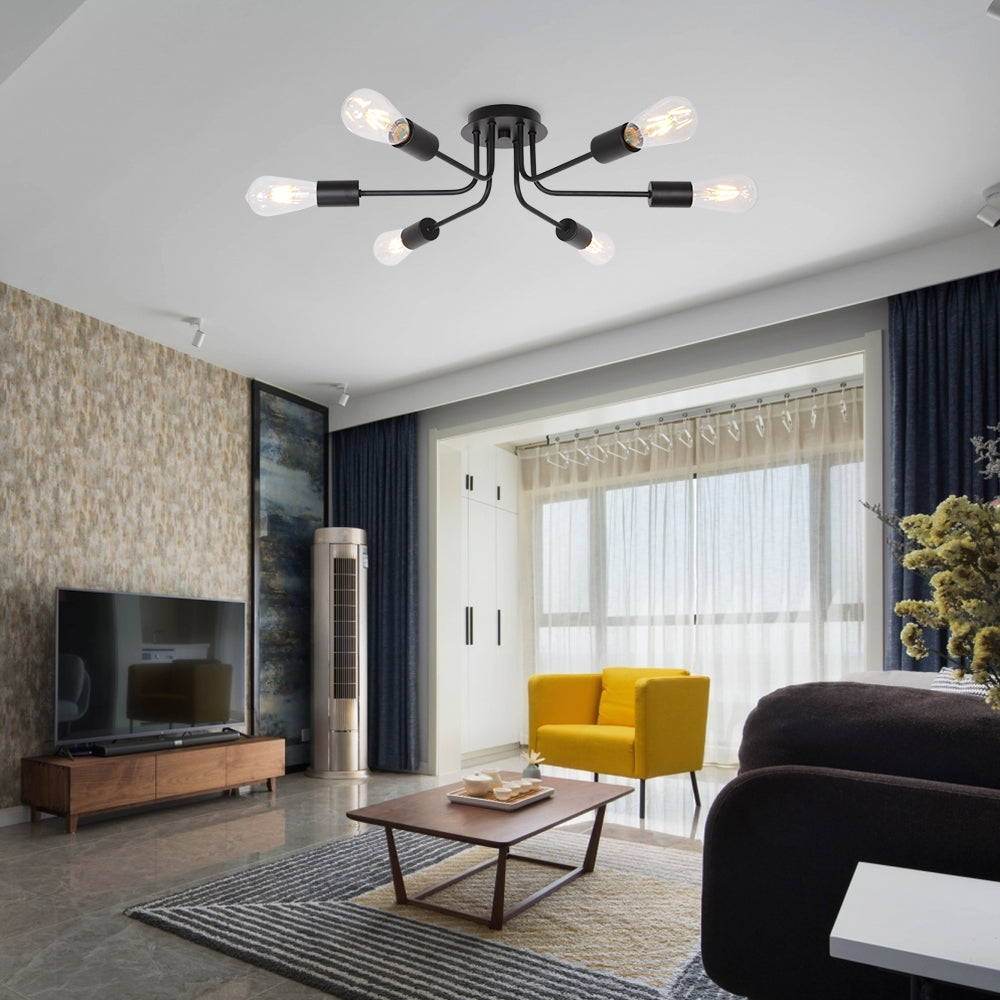 BONLICHT 6-Light Black Vintage Sputnik Light Metal Semi Flush Mount Ceiling Light