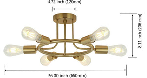 BONLICHT 6 Lights Brushed Brass Sputnik Ceiling Light Fixture Semi Flush Mount for Dining Room Bedroom Kitchen Foyer Hallway