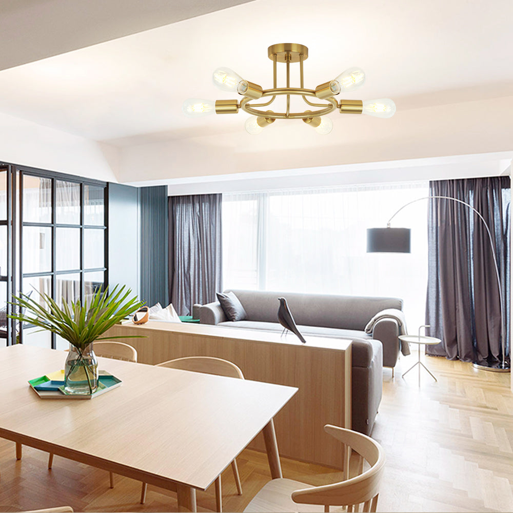 BONLICHT 6 Lights Brushed Brass Sputnik Ceiling Light Fixture Semi Flush Mount for Dining Room Bedroom Kitchen Foyer Hallway