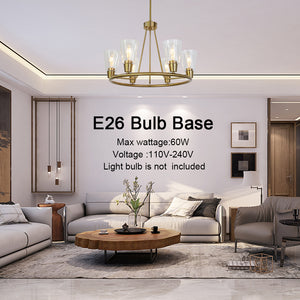 BONLICHT 6 Lights Round Chandelier Brushed Brass with Clear Glass Shade