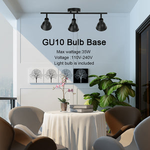 BONLICHT Track Lighting 3 Adjustable Track Heads Black Kitchen Ceiling Light, 35W GU10 Base Halogen Bulbs Included