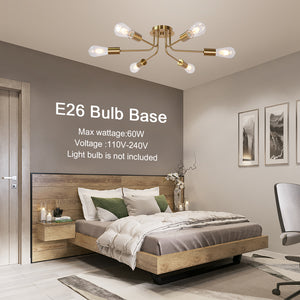 BONLICHT Industrial Semi Flush Mount Light Fixture Brushed Brass 6 Lights Sputnik Chandelier