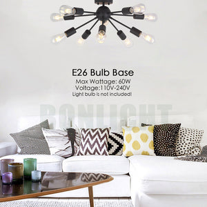 BONLICHT 10-Light Black Sputnik Ceiling Light Semi Flush Mount Industrial Starburst Style