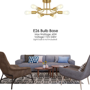 BONLICHT 6 Lights Brushed Brass Sputnik Ceiling Light Fixture Semi Flush Mount for Dining Room Bedroom Kitchen Foyer Hallway