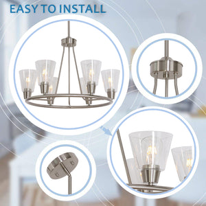 BONLICHT 6 Light Round Chandeliers with Clear Glass Shade Bushed Nickel