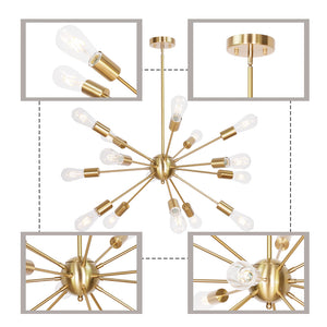 BONLICHT 15 Lights Sputnik Chandeliers Brushed Brass Mid Century