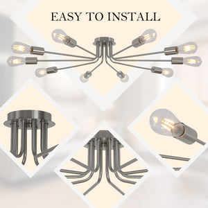 BONLICHT 10 Light Sputnik Chandelier Brushed Nickel Ceiling Light Semi Flush Mount