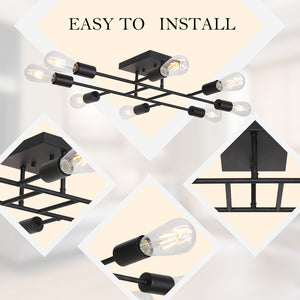 BONLICHT 8-Light Industrial Ceiling Light Black Sputnik Chandelier Semi Flush Mount