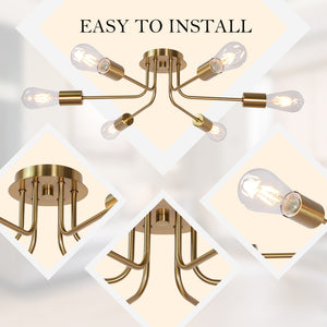 BONLICHT Industrial Semi Flush Mount Light Fixture Brushed Brass 6 Lights Sputnik Chandelier