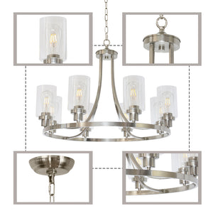 BONLICHT Modern Chandelier Round Brushed Nickel Finish 8 Lights with Clear Glass Shade