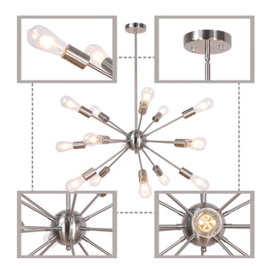 BONLICHT Mid Century Chandelier 15 Lights Brushed Nickel Sputnik Flush Mount