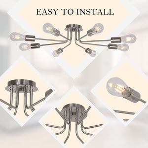 BONLICHT 8 Light Mid Century Chandelier Sputnik Modern Ceiling Lighting Brushed Nickel