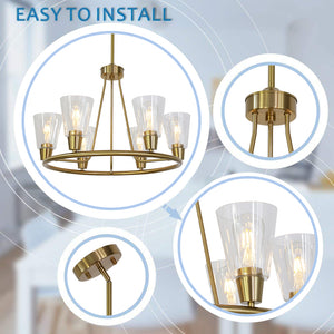 BONLICHT 6 Lights Round Chandelier Brushed Brass with Clear Glass Shade