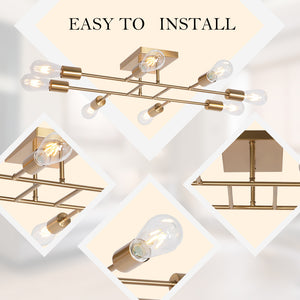 BONLICHT Sputnik Chandelier Industrial Brushed Brass 8 Light Semi Flush Mount Light Ceiling