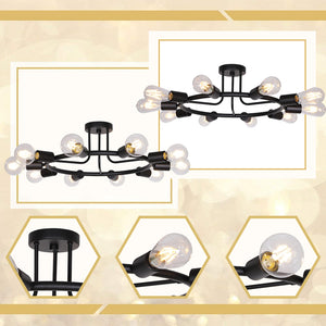 BONLICHT Vintage Metal Large Sputnik Chandeliers 10-Light Black Flush Mount Light Fixtures Ceiling