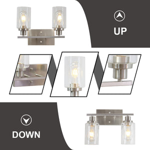 BONLICHT Metal Wall Lights with Clear Glass Shade 2 Heads Bathroom Light Fixtures Brushed Nickel